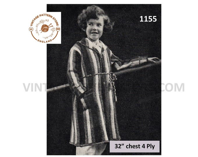 Childrens Girls Boys 30s vintage 4 ply shawl collar striped dressing gown robe pdf knitting pattern 32" Chest Instant PDF download 1155