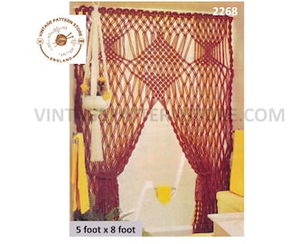 May include: A vintage pattern for a macrame curtain, featuring a diamond pattern. The curtain is made of brown cord and measures 5 feet by 8 feet. The pattern is from Vintage Pattern Store, England.