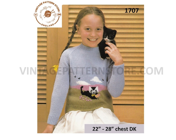 Girls 80s vintage round neck cat kitten intarsia DK raglan sweater jumper pdf knitting pattern 22" to 28" chest Instant PDF download 1707