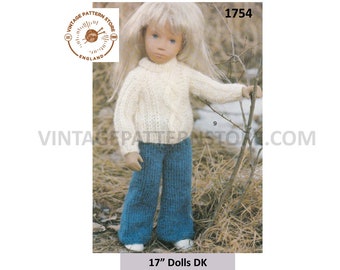 17" Doll Clothes Knitting Pattern: Cable Sweater & Trousers (PDF Pattern)