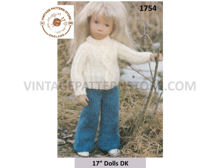 80s vintage 17" DK dolls clothes crew neck raglan sweater and trousers pants pdf kntting pattern Instant PDF download 1754