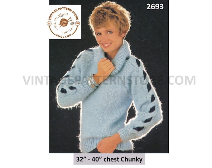 Ladies Womens 80s vintage chunky knit cowl neck cable cabled ribbon dolman sweater jumper pdf knitting pattern 32" to 40" Download 2693