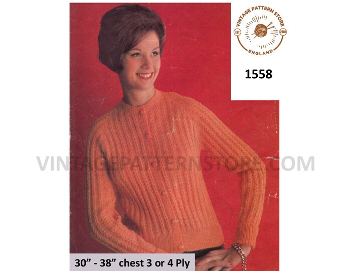 Ladies Womens 50s vintage 3 ply & 4 ply round neck cabled cable ribbed raglan cardigan pdf knitting pattern 30" to 38" chest Download 1558