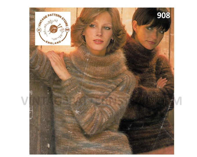 Ladies Womens 70s vintage easy to knit cowl neck drop shoulder raglan mohair sweater jumper pdf knitting pattern 32" to 40" Download 908