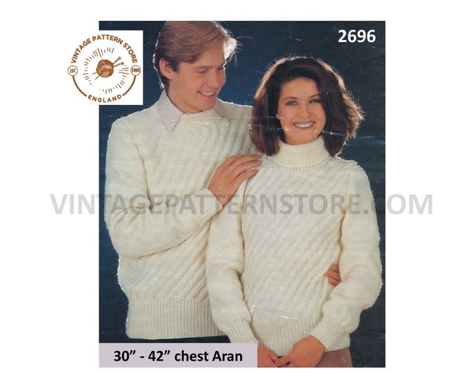 Ladies Mens 80s vintage crew or polo neck diagonal rib raglan aran sweater jumper pdf knitting pattern 30" to 42" chest PDF download 2696