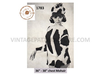 Ladies Womens 60s vintage round neck cow print mohair jacket cardigan and hat pdf knitting pattern 36" to 38" chest PDF download 1783