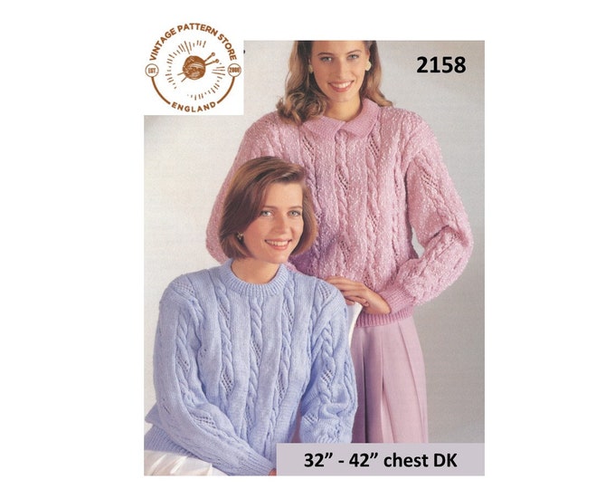 Ladies Womens 90s round neck collared twist cable cabled drop shoulder DK raglan sweater pdf knitting pattern 32" to 42" Download 2158