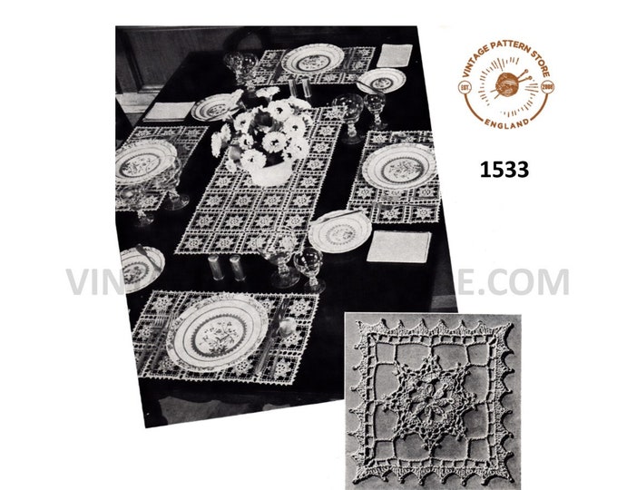 40s vintage crochet lace lacy place mats & centre piece table runner dining set pdf crochet pattern Instant PDF Download 1533