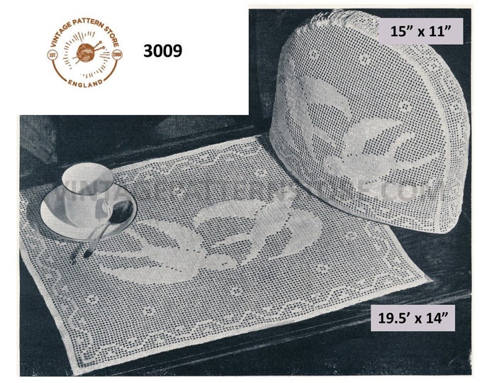 50s vintage lace lacy blue bird tea cosy and tray cloth set pdf crochet pattern mat 19" by 14" cosy 15" by 11" Instant PDF Download 3009