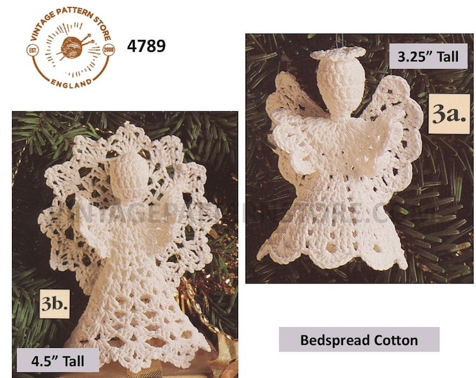 90s vintage crochet angel Christmas tree topper decoration ornament pdf crochet pattern 4 designs to make 3.25" and 4.5" tall Download 4789