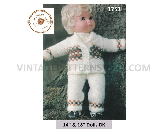 80s vintage 14" 18" DK dolls clothes fair isle shawl collar jacket and trousers pdf knitting pattern PDF download 1751