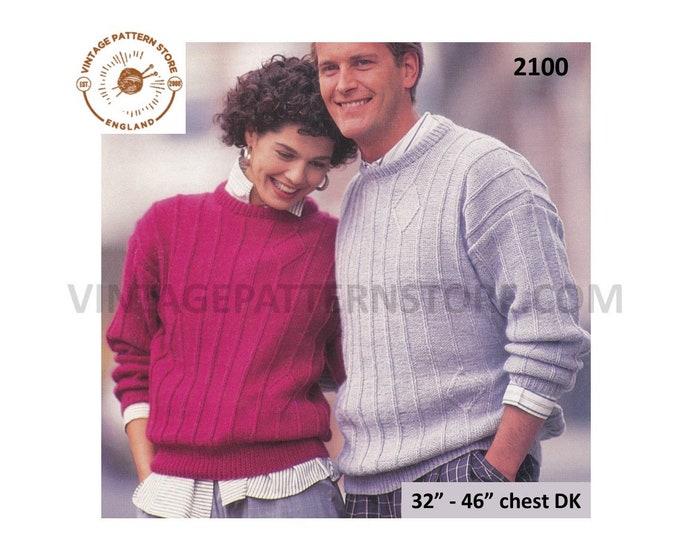 Ladies Womens Mens 90s easy to knit crew neck DK wide rib drop shoulder dolman sweater jumper pdf knitting pattern 32" to 46" Download 2100