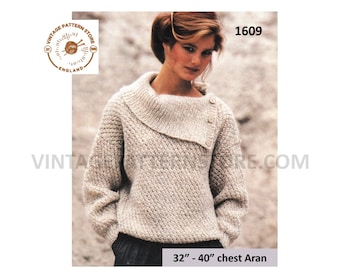 Ladies Womens 90s split neck collar drop shoulder raglan aran sweater jumper pullover pdf knitting pattern 32" to 40" chest Download 1609