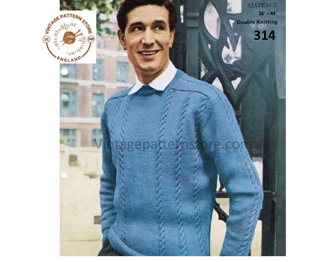 Mens Mans 50s vintage DK crew neck twist cable cabled raglan sweater jumper pdf knitting pattern 38" to 44" chest Instant PDF Download 314