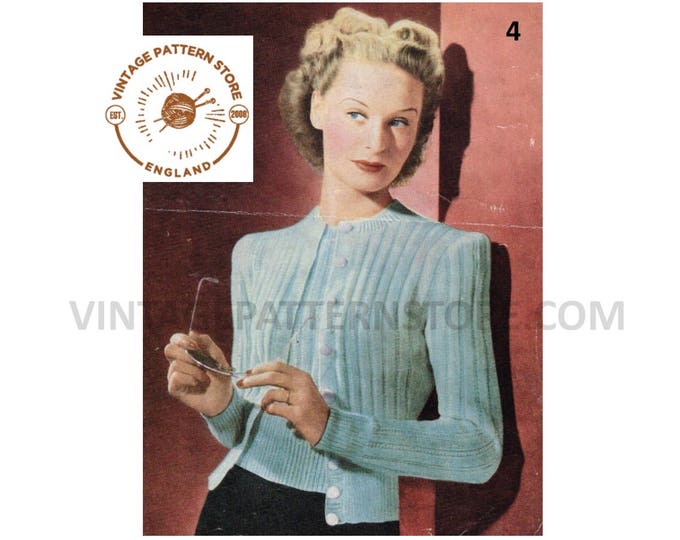 Ladies Womens 40s vintage 3 ply round neck rib ribbed raglan cardigan sweater jumper twin set pdf knitting pattern 34" chest Download 4