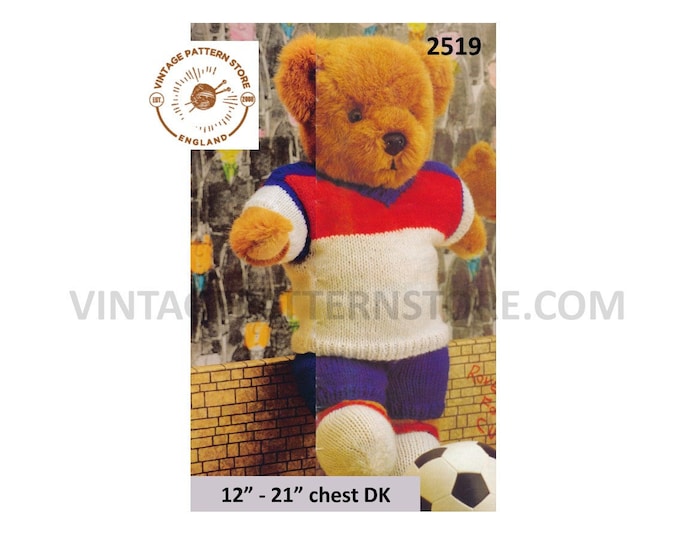 90s vintage DK footballer teddy bear clothes football kit pdf knitting pattern 12" to 21" chest Instant PDF download 2519