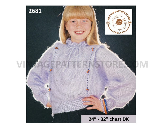 Girls 80s sweater knitting pattern, Girls tied round neck DK tabard dolman sweater pattern - 24" - 32" chest - PDF download 2681