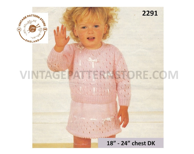 Girls 80s vintage DK round neck ribbon trim lacy raglan sweater jumper & picot hem skirt pdf knitting pattern 18" to 24" Download 2291