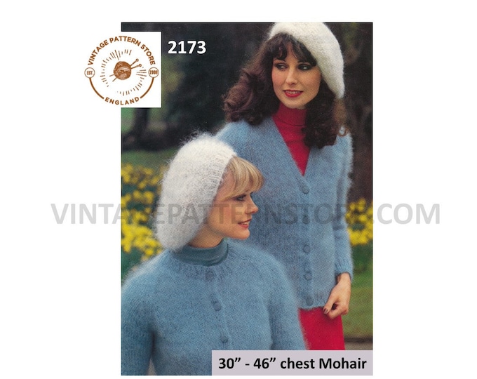 Ladies Womens 70s vintage simple and easy to knit V or round neck raglan mohair cardigan pdf knitting pattern 30" to 46" chest Download 2173