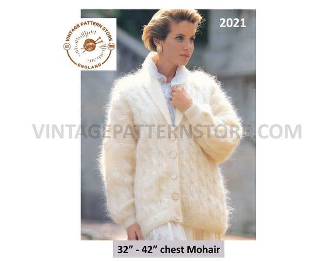 Ladies Womens 90s V neck shawl collar cable cabled raglan mohair cardigan jacket pdf knitting pattern 32" to 42" chest Instant download 2021