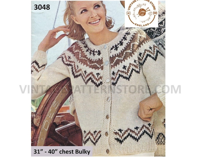 Womens Ladies 80s vintage round neck fair isle yoke yoked raglan cardigan jacket pdf knitting pattern 31" to 40" chest PDF Download 3048