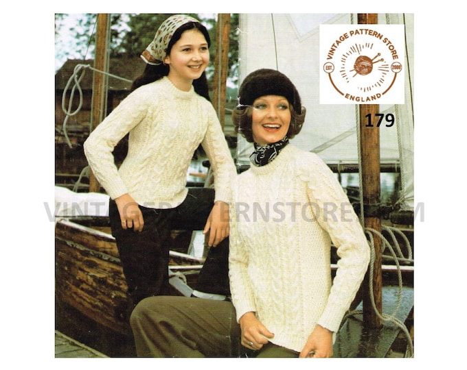 Ladies Womens Girls 80s vintage crew neck cable cabled raglan aran sweater jumper pdf knitting pattern 26" to 38" Instant PDF download 179