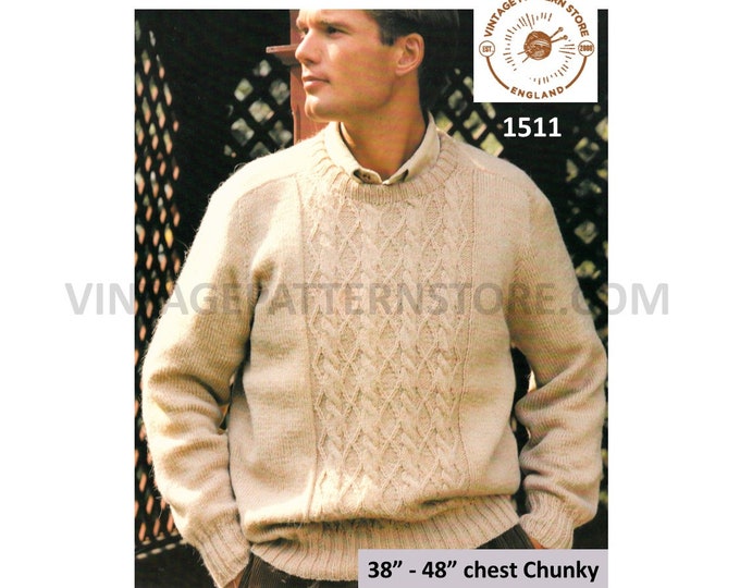 Mens Mans 90s DK crew neck cabled cable panel saddle shoulder dolman sweater jumper pdf knitting pattern 38" to 48" chest PDF download 1511