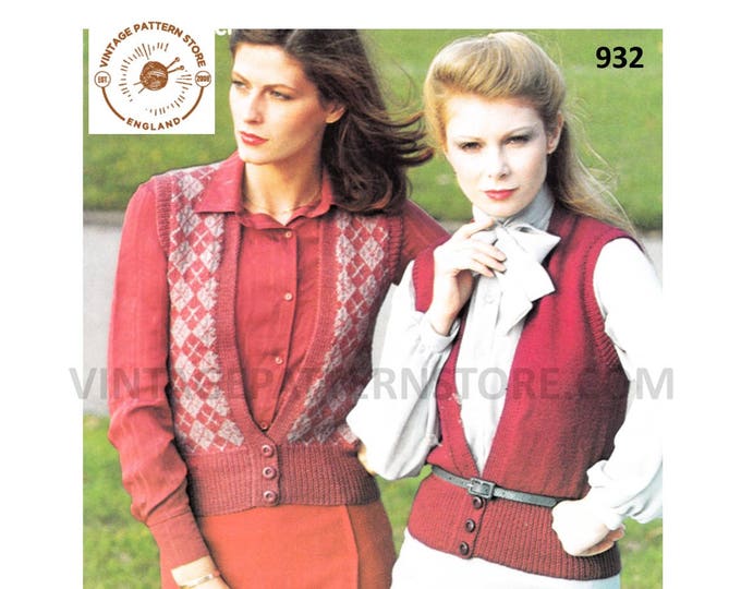 Ladies Womens 70s vintage 4 ply deep V neck fair isle and easy to knit plain waistcoat pdf knitting pattern 30" to 40" chest download 932
