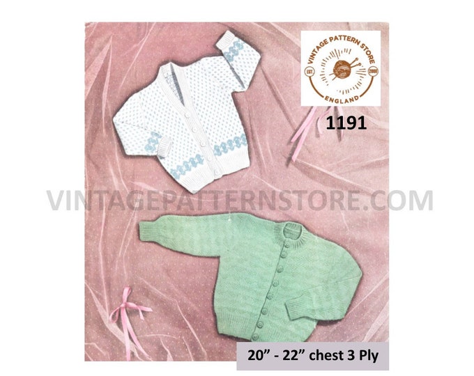 Baby Babies 70s vintage 3 ply V neck fair isle banded and easy to knit plain raglan cardigan pdf knitting pattern 20" to 22" Download 1191