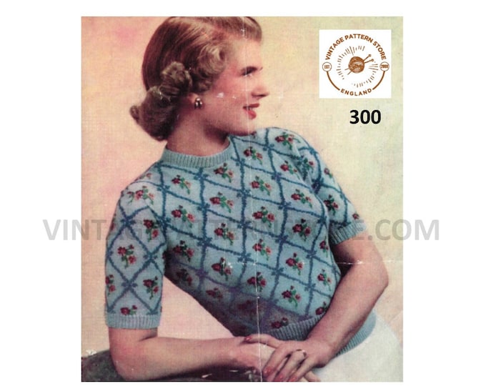 Womens Ladies 40s vintage floral & lattice fair isle short sleeve 3 ply raglan sweater jumper pdf knitting pattern 34" to 36" Download 300