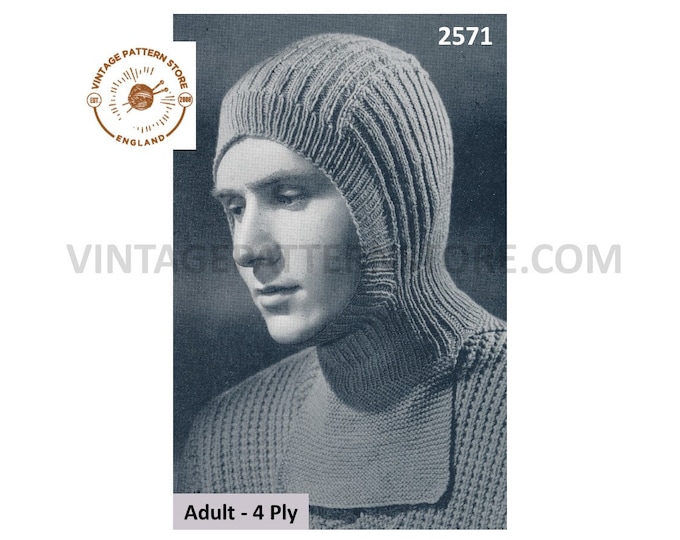 Mens Mans 40s vintage World War 2 WWII 4 ply soldiers Quebec helmet balaclava with tuck in bib pdf knitting pattern PDF download 2571