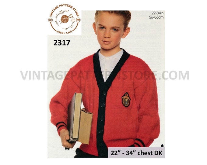 Boys 90s easy to knit DK V neck 2 colour drop shoulder dolman school blazer jacket cardigan pdf knitting pattern 22" to 34" Download 2317