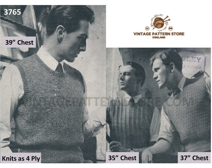 Mens Mans 50s vintage easy to knit texture & cable cabled sleeveless sweater vest tank top pdf knitting pattern 35" to 39" PDF download 3765