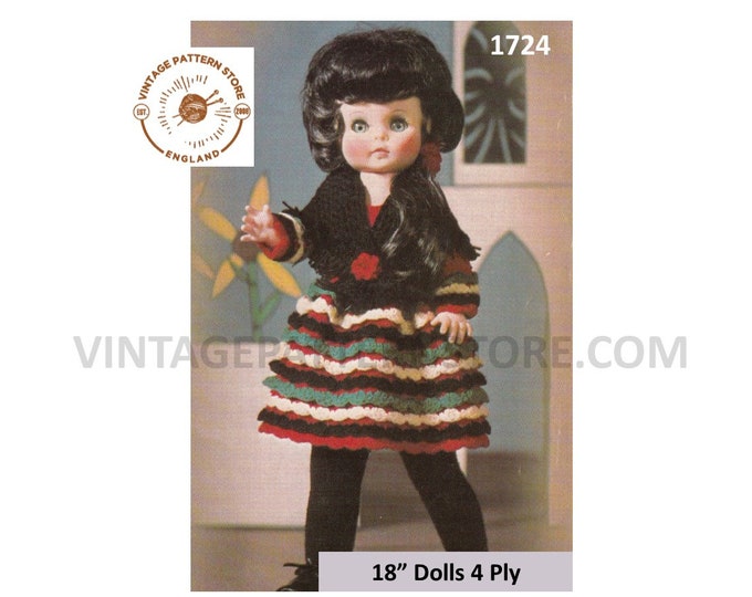 70s vintage 18" 4 ply dolls clothes Spanish national dress costume pdf knitting pattern Instant PDF Download 1724