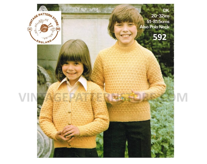 Boys Girls Childrens 80s vintage textured raglan cardigan & round neck sweater jumper knitting pattern 20" - 32" chest PDF Download 592