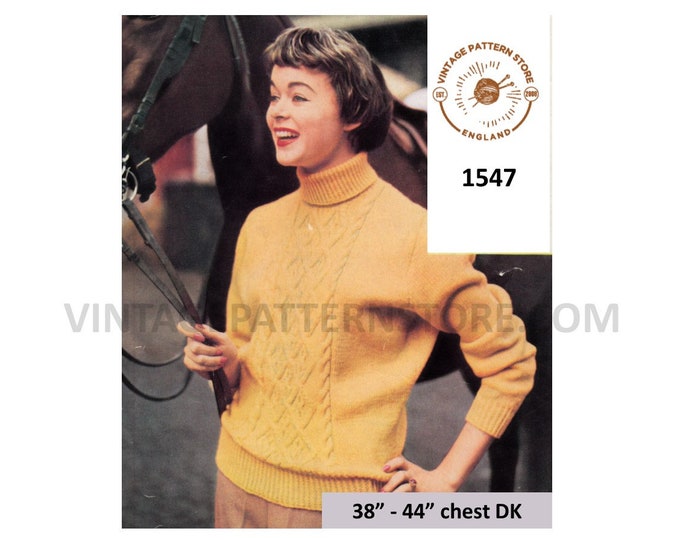 Ladies Womens 50s vintage polo neck turtleneck cabled cable panel DK raglan sweater jumper pdf knitting pattern 38" to 44" Download 1547