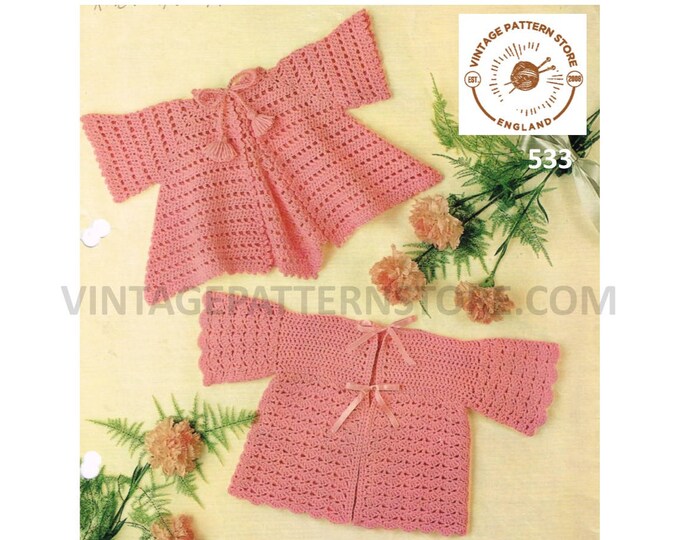 Baby Babies 80s vintage lacy lace 4 ply ribbon matinee coat jacket pdf crochet pattern 2 designs 18" to 19" chest Instant PDF download 533