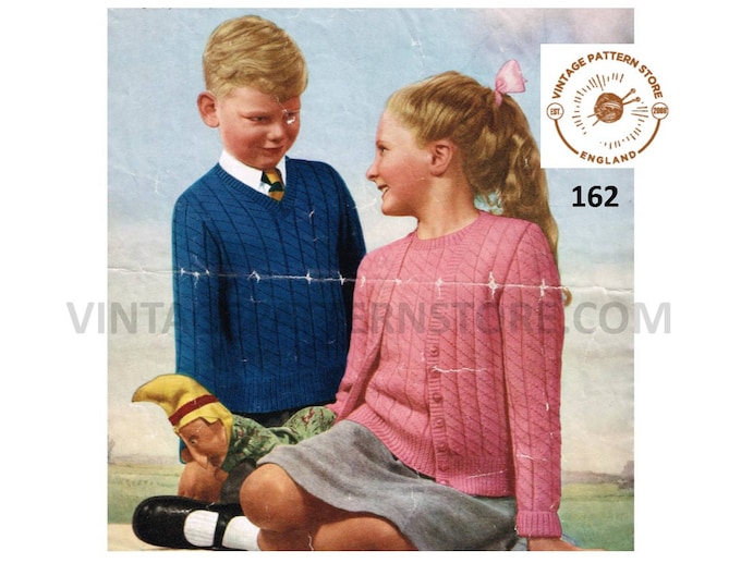 Girls 50s vintage 4 ply V neck ribbed cardigan jumper twin set & Boys V neck sweater tank top pdf knitting pattern 26" to 32" download 162
