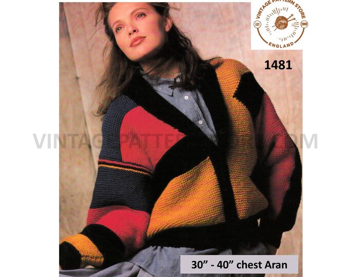 Ladies Womens 90s V neck colour blocked drop shoulder dolman aran cardigan jacket pdf knitting pattern 30" to 40" Instant PDF Download 1481