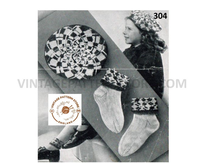 Girls 40s vintage 3 ply fair isle beret hat and ankle socks pdf knitting pattern 8 to 10 years Instant PDF Download 304