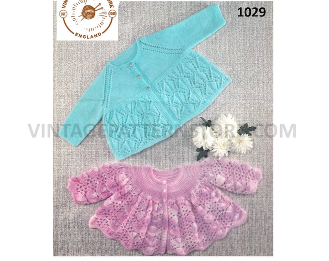 Baby Babies 70s vintage round neck lacy lace 3 ply raglan matinee coat pdf knitting pattern 2 designs to knit 16" to 20" chest download 1029