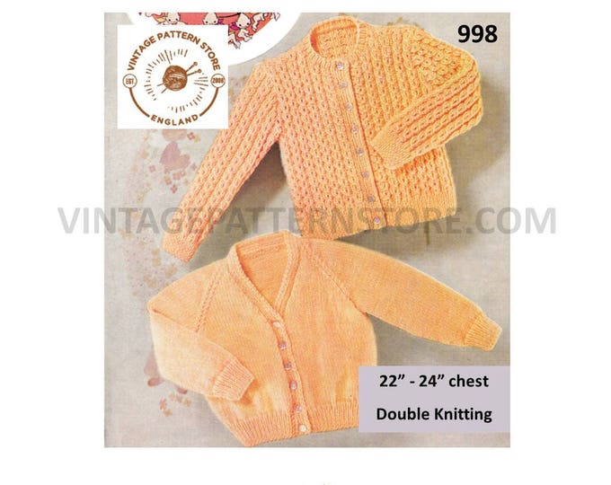 Baby Babies 60s vintage easy to knit plain V neck & round neck cable cabled raglan DK cardigan pdf knitting pattern 22" to 24" Download 998
