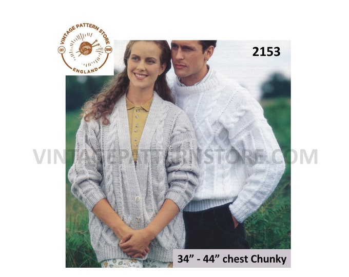 Womens Mens 90s chunky knit crew neck cabled drop shoulder dolman sweater & V neck cardigan pdf knitting pattern 34" to 44" Download 2153