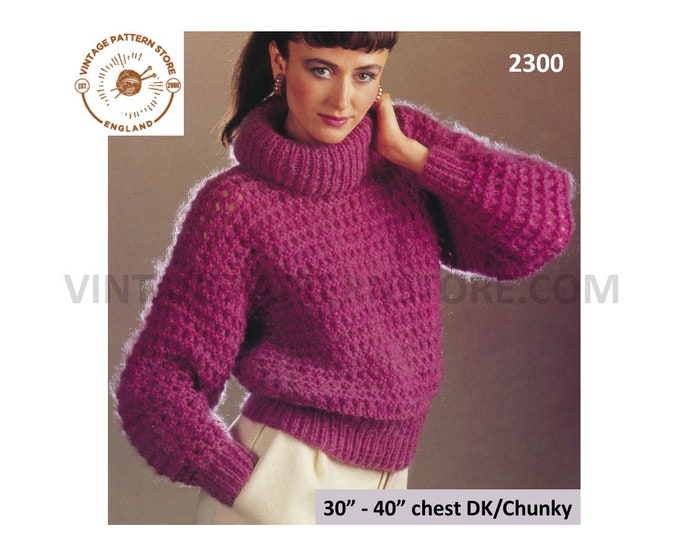 Ladies Womens 90s easy to knit cowl neck chunky or DK drop shoulder dolman sweater jumper pdf knitting pattern 30" to 40" PDF download 2300