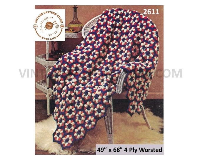 60s vintage retro 4 ply crochet raised floral motif afghan throw pdf crochet pattern 49" by 68" Instant PDF download 2611