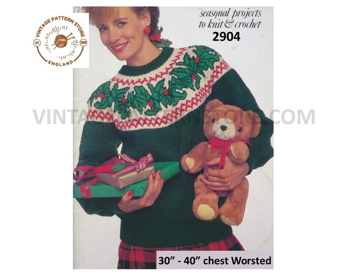 Ladies Womens 80s crew neck Christmas holly fair isle yoke worsted raglan sweater jumper pdf knitting pattern 30" to 40" PDF Download 2904
