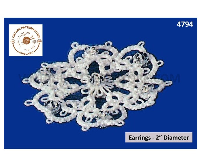 80s vintage tatted lace lacy floral flower earrings jewelry jewellery pdf tatting pattern 2" Long Instant PDF Download 4794