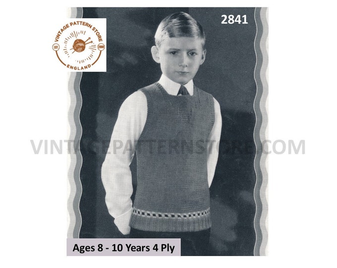 Boys 30s vintage 3 ply square neck fair isle banded sleeveless sweater vest tank top pdf knitting pattern Age 8 to 10 Years Download 2841