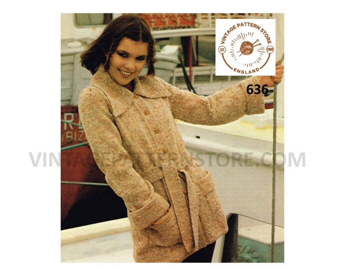 Ladies Womens 70s vintage DK long line collared belted raglan jacket coat pdf knitting pattern 32" to 38" chest Instant PDF download 636
