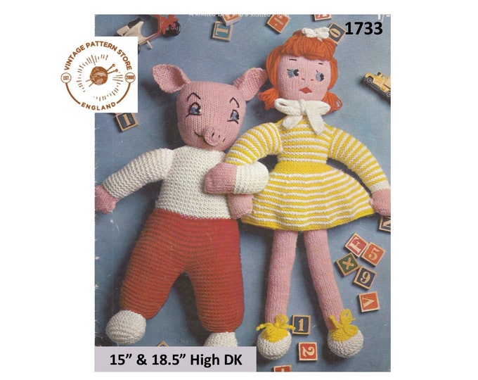 70s vintage retro fun quick and easy to knit DK cuddly toy 15" high pig piglet and 18.5" high doll pdf knitting pattern PDF Download 1733